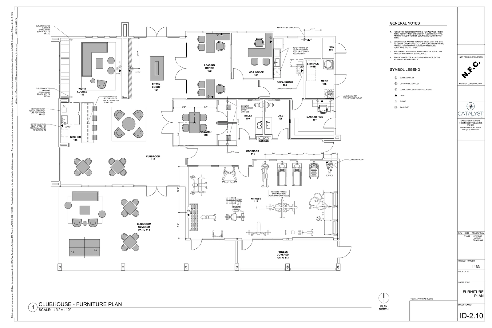 Catalyst sheet ID-2.10: the clubhouse furniture plan for Marana, laid out room by room with every piece of furniture and its power and data locations
