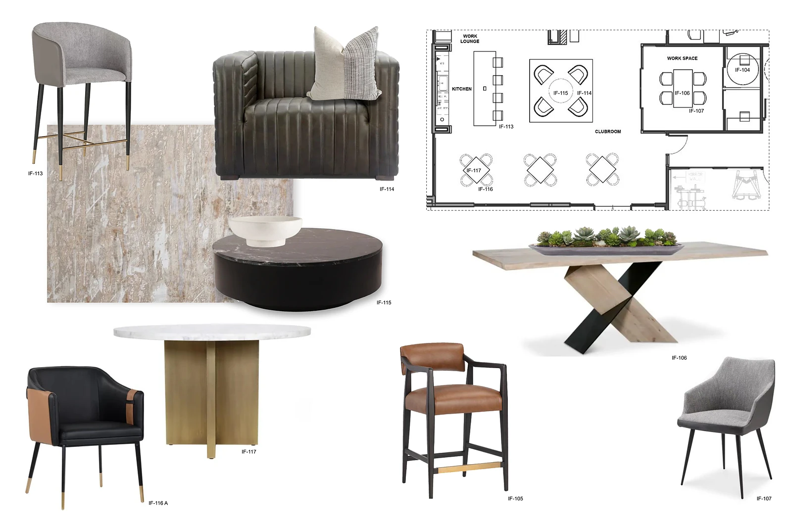 The Marana FF&E presentation board: the channel-tufted leather lounge chair, counter and dining stools, the marble and brass tables, the stone and rug selections, each tagged IF-105 to IF-117 and located on a plan of the clubroom, work lounge and work space