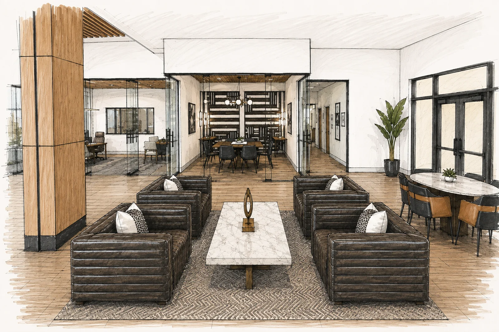 The hand rendering of the same view, drawn before construction