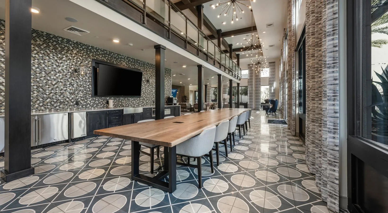 Grove on Main communal table and amenity corridor, Mesa